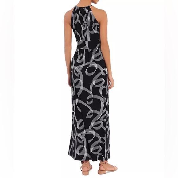London Times Women's Printed Jersey Halter-Neck Maxi Dress Black/White Sz 12 NWT - Picture 4 of 8